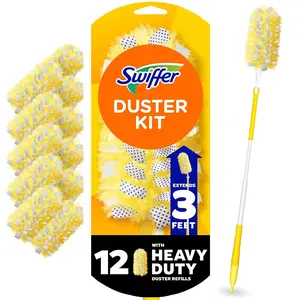 Swiffer Duster Kit with 3 ft Extendable Handle, Dusters for Cleaning, Set Includes 1 Extension Pole and 12 Heavy Duty Dusting Refills Dust Cleaner, Long Extended Wand for Ceiling Fans and Walls – 13 Piece Set