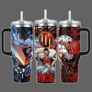 Invincible Battle Beast vs Thragg Comic Wrap Stainless Steel Insulated Travel Tumbler With Handle Straw Lid 20oz 40oz Full Wrap Blood Clash Design