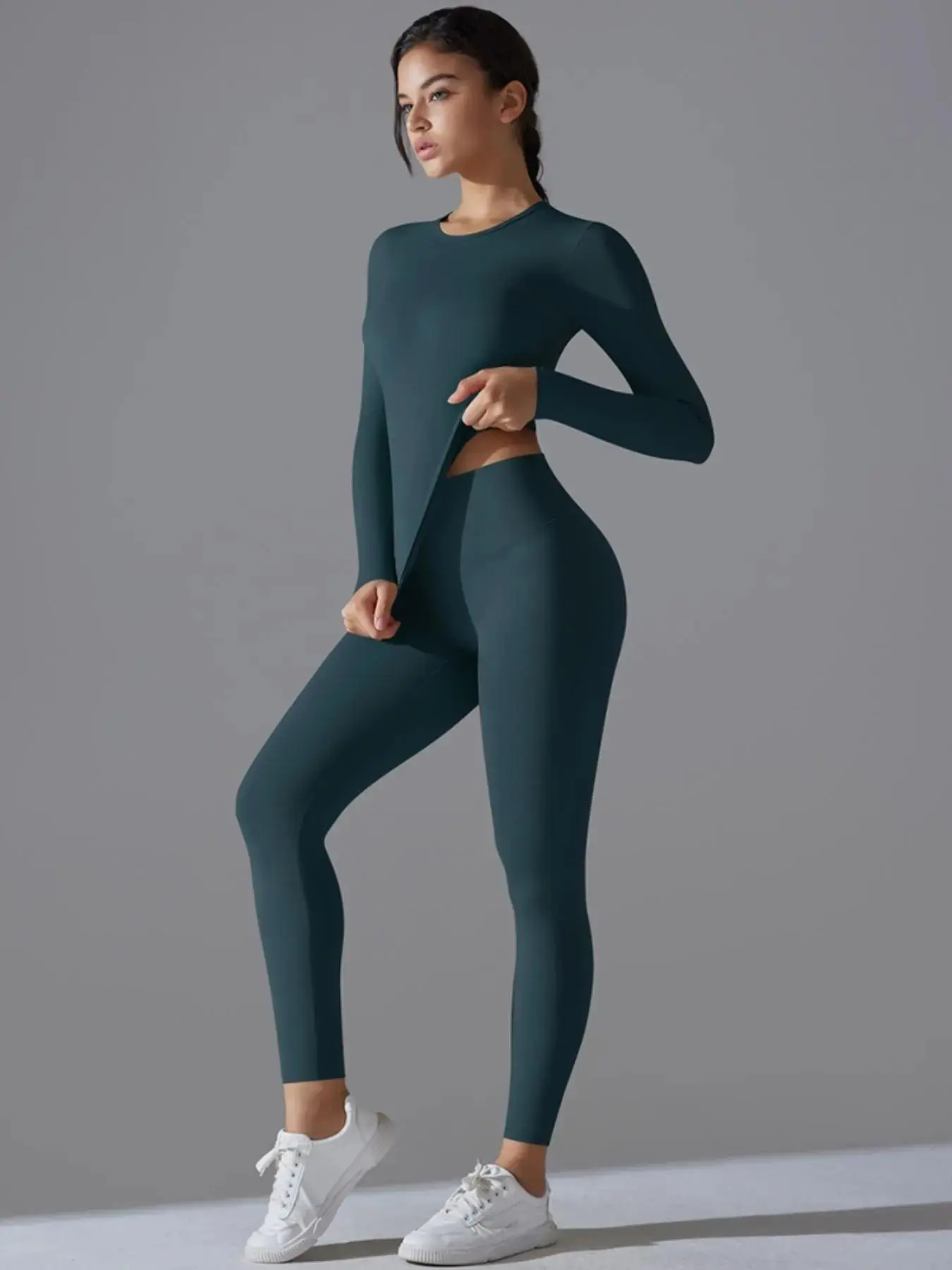 Flattering Solid Long Sleeve Top & Leggings Yoga Set, Tight Fit Sporty Breathable Quick-Drying Outfit for Gym Workout Running, Ladies Sportswear for Training Fitness Activewear Athletic Clothing for Spring & Fall