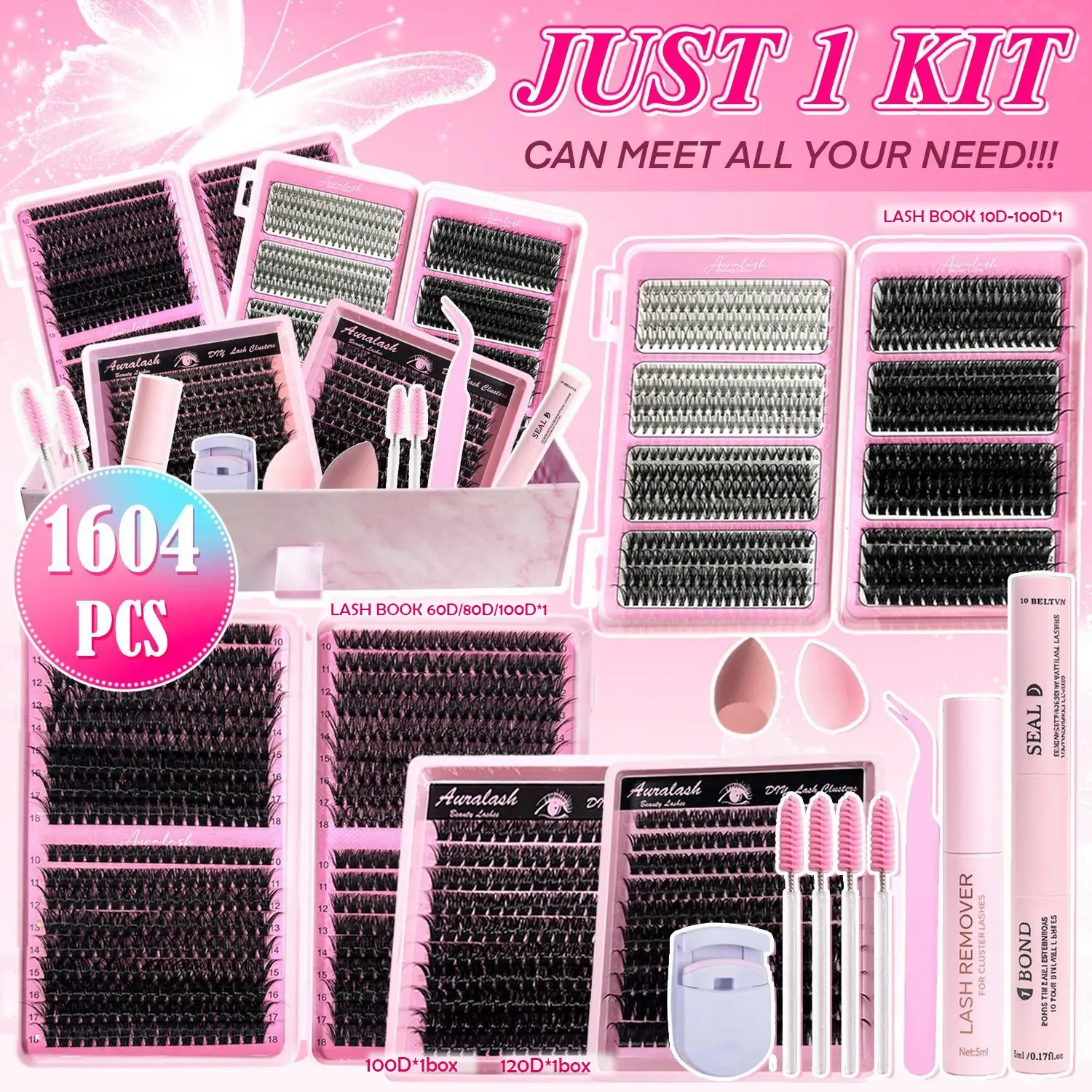 DIY Lash Extension Gift Box, False Eyelash Set, Eyelashes Set, Diy Eyelash Clusters, including 100D & 120D individual boxes, 10D-100D Lash Book, Natural & Wispy Cluster Lashes, Upgraded Bond & Seal with Remover & Brush, Natural Look, Salon Effect at Home