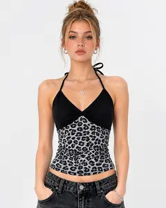 Aelfric Eden Leopard Print Patchwork Halter Top Slim Fitted Silhouette Adjustable Halter Neck Front Twist Detail Leopard Print Panel High-Stretch Knit Fabric Y2K Edgy Streetwear Women Top