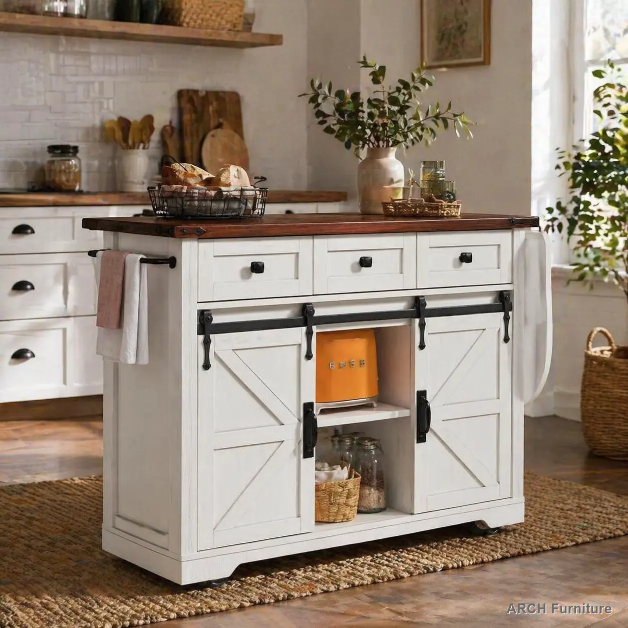 ARCH K&K 53.7" Farmhouse Kitchen Island with Power Outlet, 2 Sliding Barn Doors, Drop Leaf, Spice Rack, Rolling Wheels, Home Accessories for Kitchen, Dining Room Organization, White Modern Storage Cabinet Modern Storage Cupboard