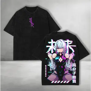 Lucy Cyberpunk Ice Queen Anime Double Printed Vintage Washed Tee ver Unisex Oversize Heavyweight Cotton Manga Graphic Crewneck Soft Tops Natural Shade T-shirt Anime Gift，Anime merchandise
