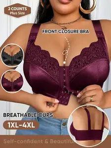 [2 Pack] Large Size Women's Daily Bra 1XL-4XL, Front Buckle Easy Wear, Push Up Full Coverage, Wide Shoulder Straps, Soft Breathable Lace Pattern