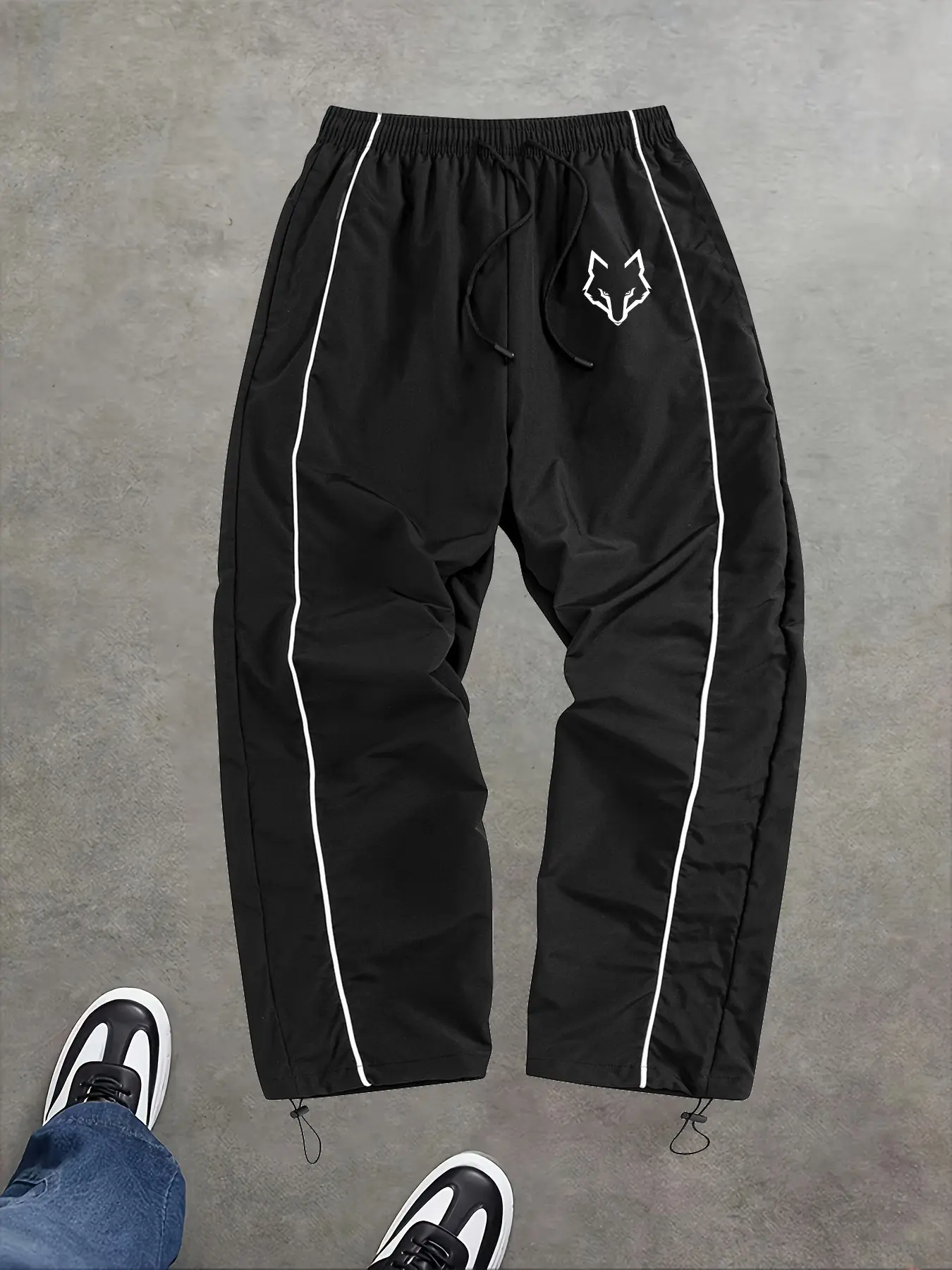 Men's Wolf Head Print Running Pants, Loose Fit Long Joggers with Waistband Pockets, Casual Sportswear for All Seasons