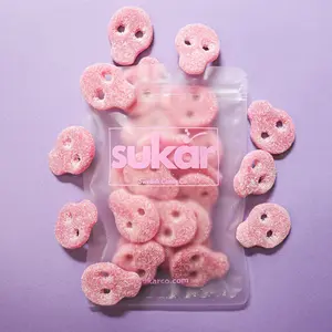 Sukar Sour Pink Skulls Chewy Strawberry Gummy Candy Gelatin-Free Gluten-Free Vegan Snack  candy