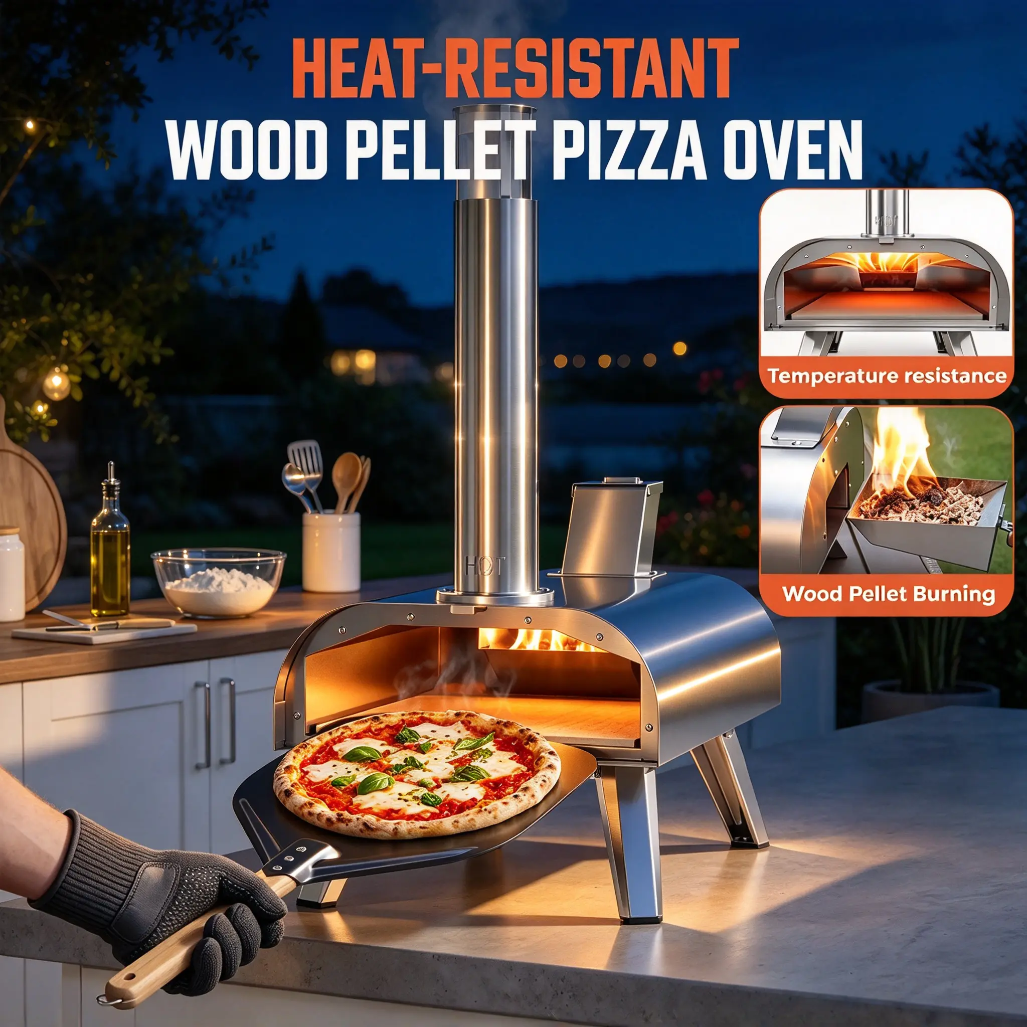 【Halloween Deals】BIG HORN 2-in-1 Compact Outdoor Pizza Oven, 12"/16" Portable Lightweight Maker, Stainless Steel with Square Stone, Pellet/Wood Use, Gas/Electric Compatible, 860°F Neapolitan Baking, 24+ Months Durability, for Barbecue,Camping,Tailgating