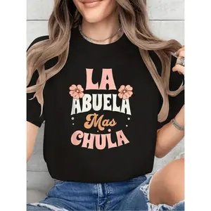 Plus Size One Piece Women's Spanish Grandma TShirt La Abuela Top with Pink Lettering and Floral Print Lightweight Crew Neck Casual Shirt Ideal for Grandparents Day Mothers Day and Christmas Gifts Machine Washable Spanish Phrase Apparel