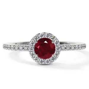 Classic Round Ruby Halo Ring with Prong Set Diamonds (0.93cttw)- RRB001-5X5-AA