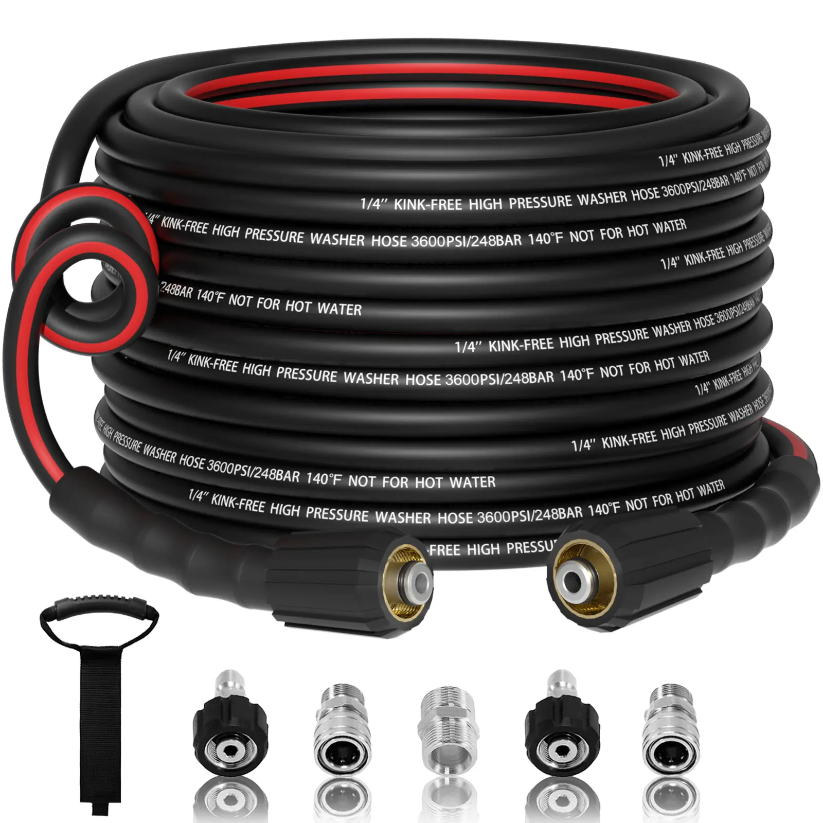 High Pressure Washer Hose, 50FT 1/4 Inch 3600 PSI Lightweight Super Flexible Kink-Resistant Replacement Hose with Leak-Free Quick Connect Kit, 1 x M22-14mm Male to Male Adapter, 2 x M22-14mm Female to 3/8" Plugs for Home Extension Use