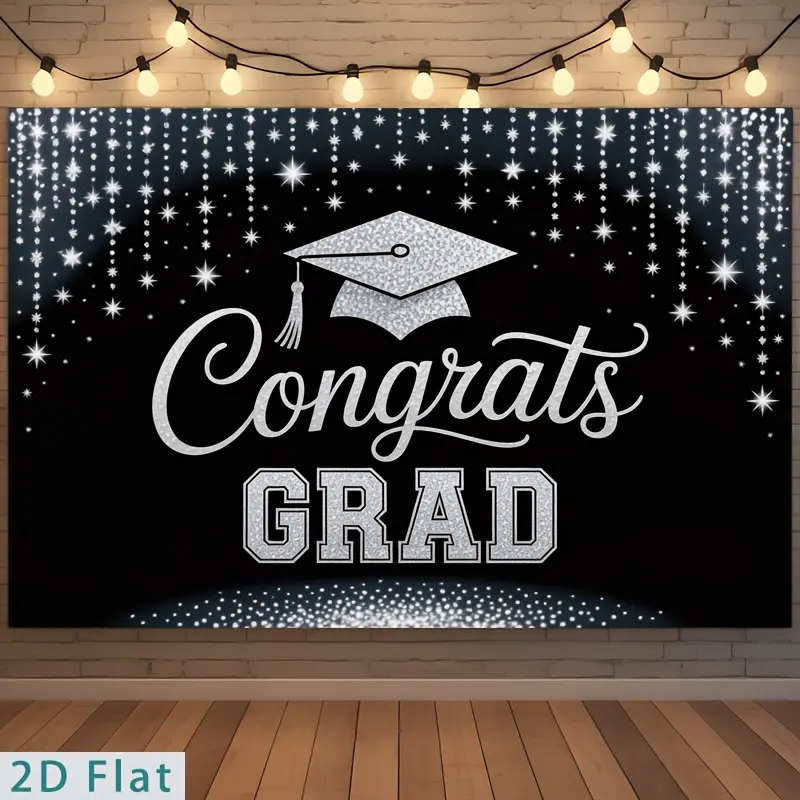 Silver Star Cap Graduation Tapestry - Polyester HD Print Backdrop for Congrats Grad, Wedding, Party Decor, Wall Hanging, Home & Garden Photography Background