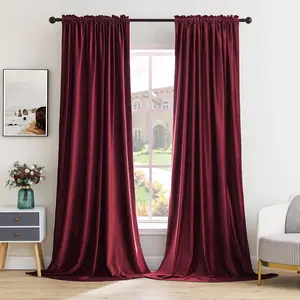 Burgundy Velvet Curtains Thermal Blackout Christmas Drapes for Bedroom Living Room Darkening 96 Inches Long Curtains Panels Rod Set of 2