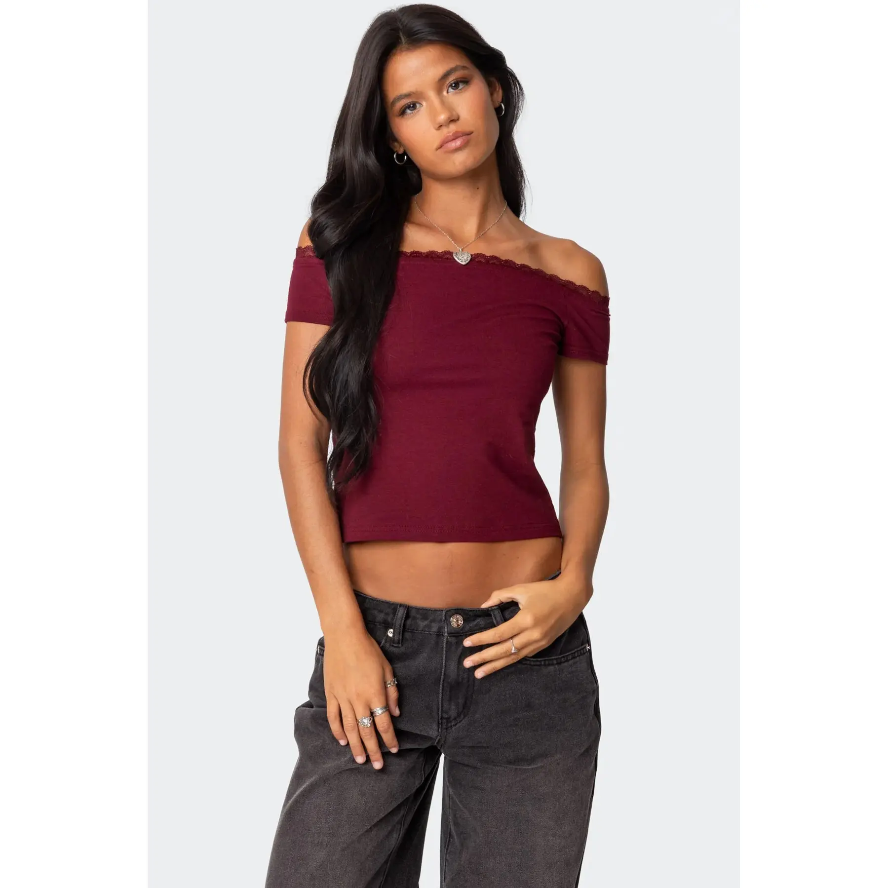 Xoe Off Shoulder Lace Trim Top