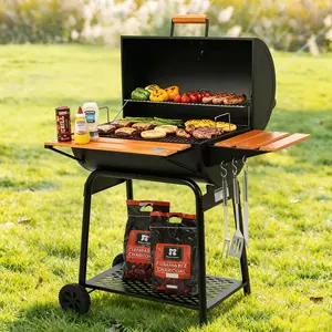 Royal Gourmet 30-Inch Barrel Charcoal Grill with Wood-Painted Side and Front Table, Barbecue Grill for Outdoor Picnic, Patio Backyard Cooking