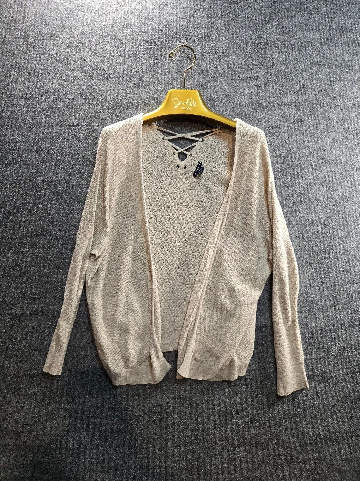 American Eagle Med Light Beige Open Front Knit Cardigan with Crisscross Detail