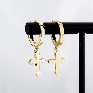 14K Gold Cross Hoop Earrings with Cross Pendant Suitable for Men and Women Elegant and Versatile Jewelry