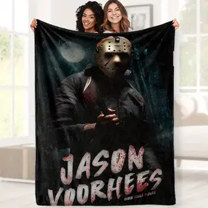 [Jason Mask Flannel Blanket] Soft, Warm Flannel Jason Mask Print Blanket - Friday the 13th Patterned Throw for Couch, Bed, Office, and Travel - All-Season Comfortable Gift