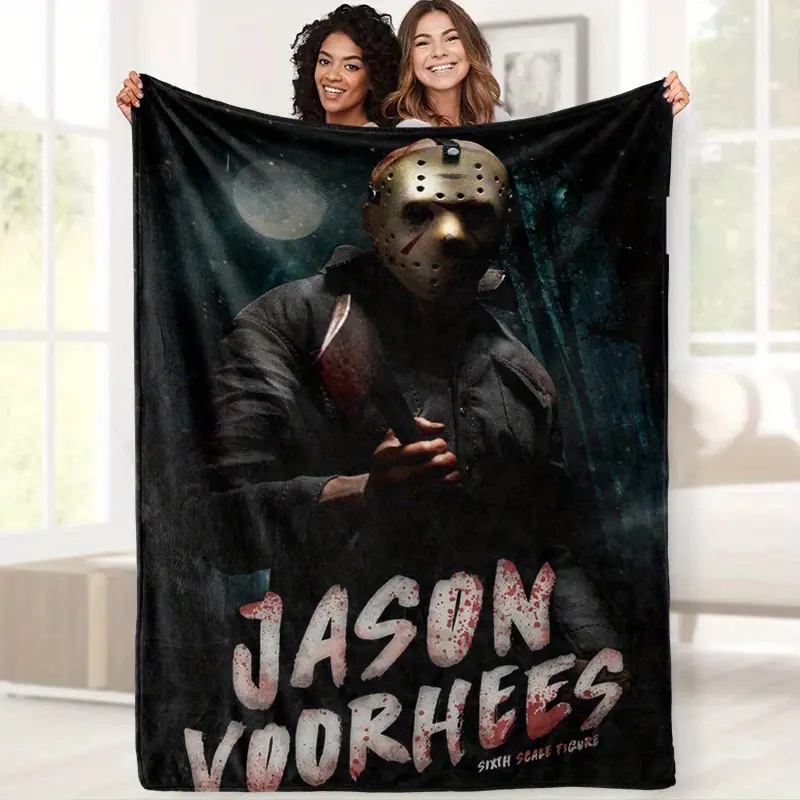 [Jason Mask Flannel Blanket] Soft, Warm Flannel Jason Mask Print Blanket - Friday the 13th Patterned Throw for Couch, Bed, Office, and Travel - All-Season Comfortable Gift