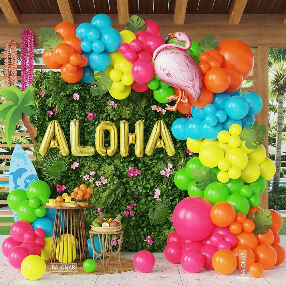 137Pcs Hawaiian Tropical Luau Balloon Garland Arch Hawaii Summer Party Decoration Hot Pink Orange Blue Yellow Balloons with Aloha Flamingo Foil Balloon for Summer Beach Pool Party Decor (Yellow)