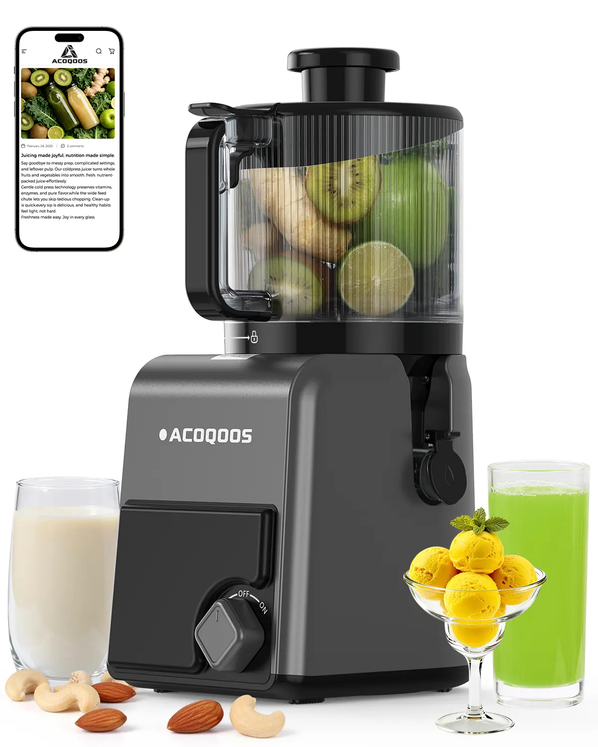 ACOQOOS 3-in-1 Multifunctional Whole Fruit Masticating Juicer Machine - 6.5in Extra Large Feed Chute Cold Press, BPA-Free, 100oz, Easy to Clean Dishwasher-Safe, Sorbet & Nut Milk Maker, Graphite Gray, Multifunctional Juicer Machine, Whole Fruit Juicer