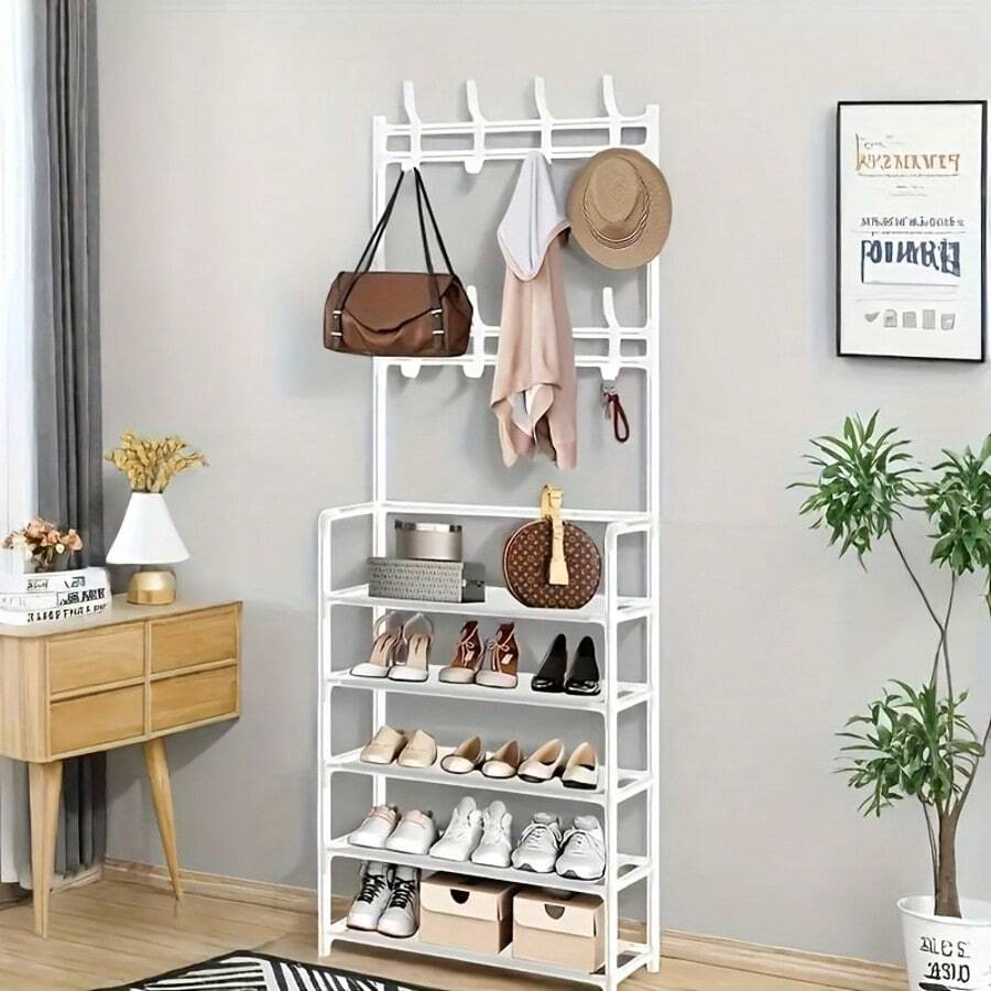 5-Layer Shoe Rack with Coat Hooks, Metal Entryway Organizer, Floor-Standing Hat and Clothes Hanger Stand