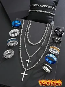 Men's Stainless Steel Trendy Jewelry Set, Punk Style Cross Necklace & Bracelet, Streetwear Accessories for All Seasons, Perfect Gift for Him