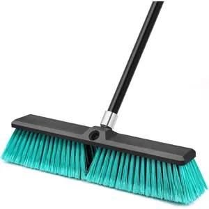 18” Push Broom Outdoor Heavy Duty, Large Commercial Stiff Bristle Brush with 63 inches Long Handle for Garage Shop Garden Yard Patio Deck Street Warehouse Lawn Driveway (Green)