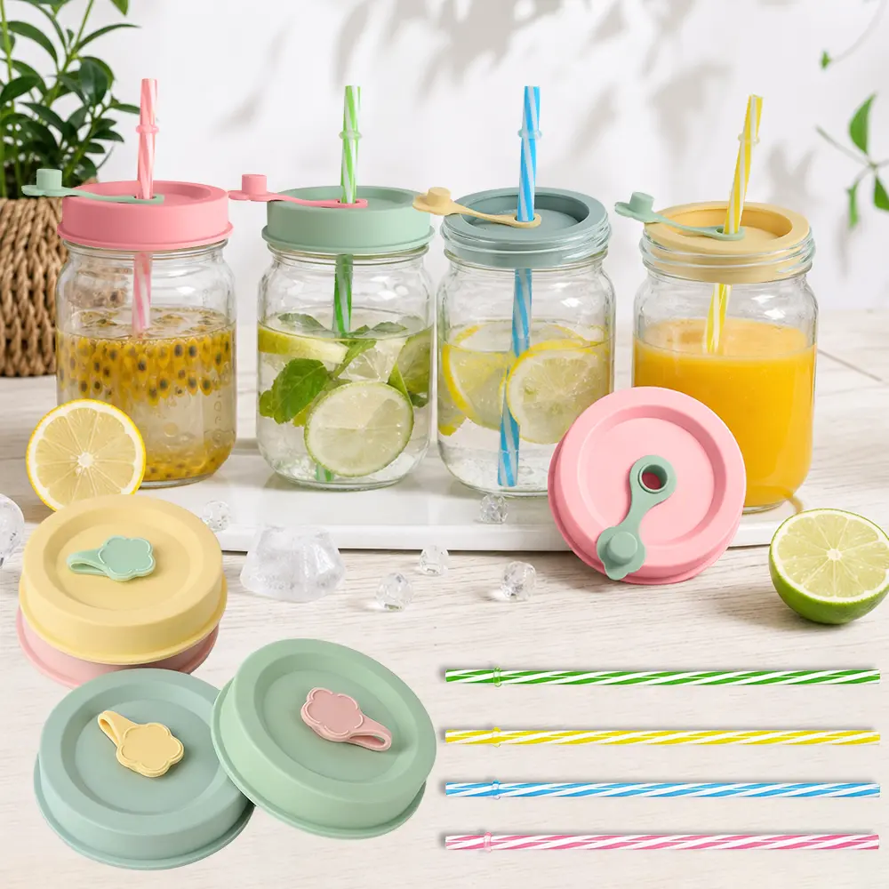 4 Pack Dual-Fit Silicone Mason Jar Lids with 4 Straw, Fits Both Regular & Wide Mouth Mason Jars (Kerr, Ball, Mainstays) Silicone Plastic-free BPA-free, Without Mason Jar