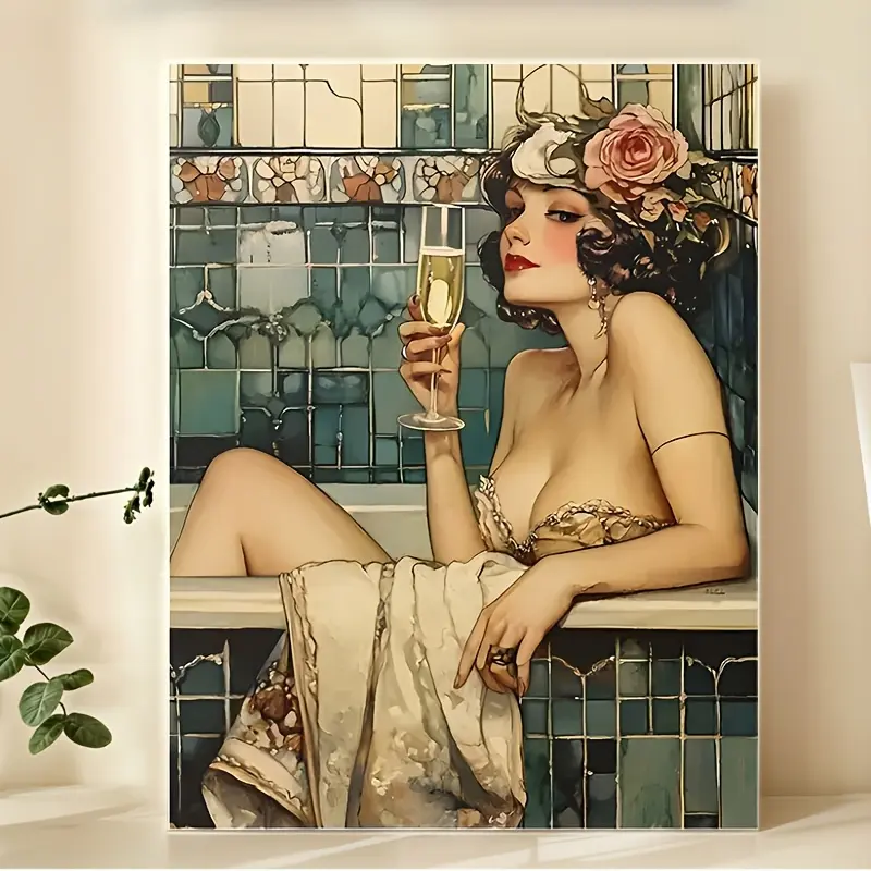 Room Decor 1pc Art Deco Frameless Canvas Print, 12x16 inches, 1920s Elegant Lady with Champagne in Bathtub Poster, Bathroom Mural, Unique Creative Wall Art for Living Room, Bedroom, Office, Restaurant, Bar Decor, Waterproof, Perfect Gift and Decoration