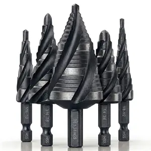 Four Spiral Flute Step Drill Bit Set - 1/8"-1-3/8" 5PCS HSS Unibits with 1/4" and 3/8" Quick-Change Hex Shank and Storage Case, for Metal, Wood, Electrical Installation, Auto Repair & Home Use