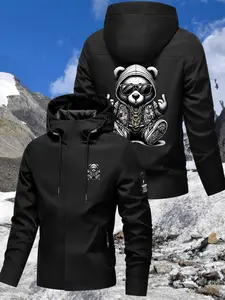 Unisex Windproof Hooded Jacket with Bear Print, Loose Fit for Hiking, Skiing, Camping, Winter Outerwear