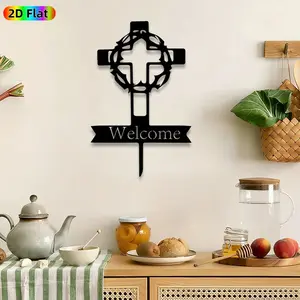 1pc Crown of Thorns Cross with Welcome Banner Metal Wall Art, Christian Cross wall Scupltures Mural, Perfect for Easter, Christmas Decor, Perfect for Living Room Church Porch Wall Decor, Ideal Gift for Christian Home Decor Enthusiasts.