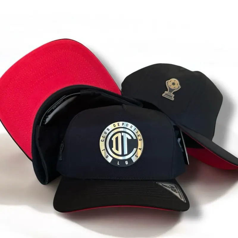 Fashion Snapback Hat, Black Color-Block Cap with Club Logo Graphic, Gold Plate Emblem, Red Brim - Adjustable Fashion Accessories Cap