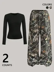 Cozy Knit Co Ord Set, Tree Print Graphic Pants & Long Sleeve Short Top Two-Piece Set, Slim-Fit Fitted Streetwear, Casual Fashion Trend Outfit, Breathable, Year Round, All Style, Relaxed Fit, Curvy, Holiday Wear