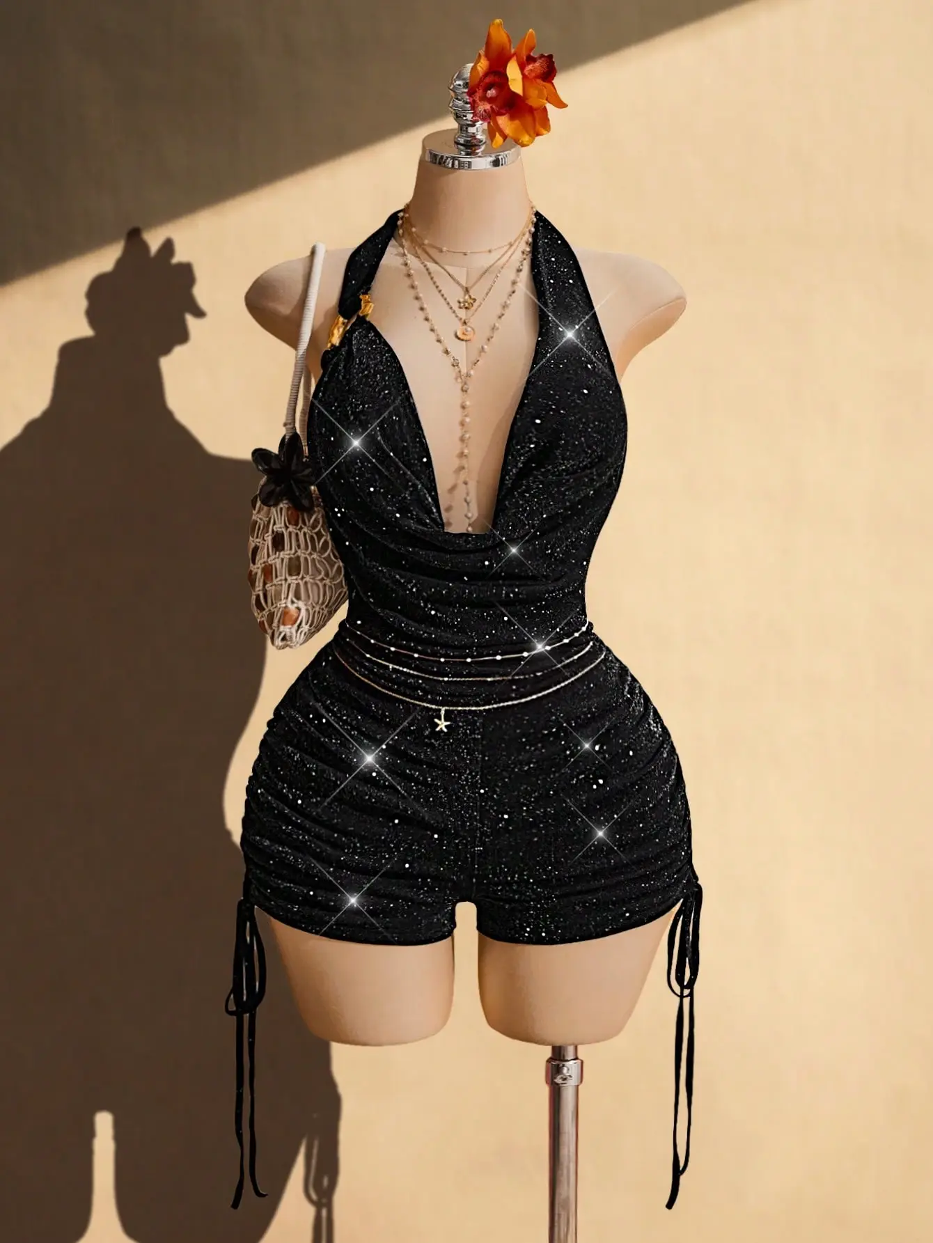 MOM Plus Size Solid Color Draped Halter Metal Decor Backless Jumpsuit Rhinestone Romper Bling Club Outfits