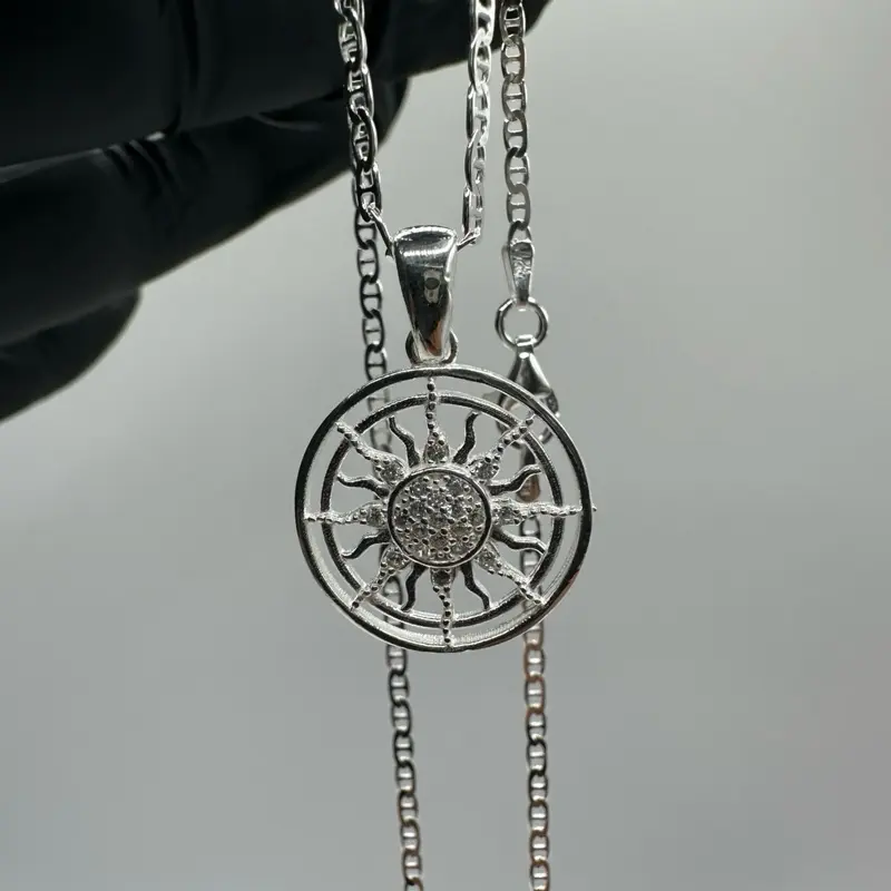 925 Sterling Silver Sun Pendant Necklace - 20in Italian Mariner Chain, Mexican Silver Design
