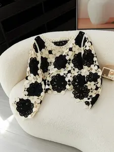 Women's Hollow Out Crochet Sweater Pullover, Boho Casual Long Sleeve Round Neck Fitted Jumper for Spring & Fall, Fashion Women's Knitwear for Daily Wear, Tops