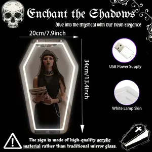 Gothic Elegance Coffin Neon Mirror Acrylic Glass Durable Resistant White Wall Decor for Witch Bedroom Gothic Lovers Gift Multi-functional Stylish Neon Mirror with Pre-drilled Holes