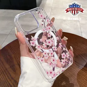 Clear MagSafe Case for iPhone 16 Pro Max 15 Plus 14 13 12 11 XR E XS Cherry Blossom Romance Pattern Acrylic Back Soft Silicone Edge Anti-Fingerprint Hard Cover Gift for Girl