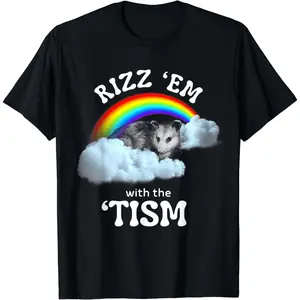 [100% Cotton] [100% Cotton] Playful Possum Rainbow Rizz Em With The Tism Funny T-Shirt Design. T-Shirt For Men And Women
