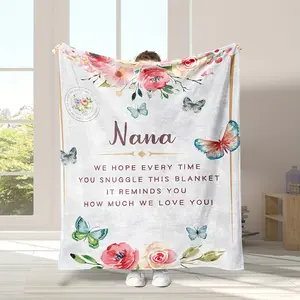 1Pc, Nana Throw Blanket, Soft Plush Grandma Gift From Granddaughter, Floral And Butterfly Design, Cozy Home Decor