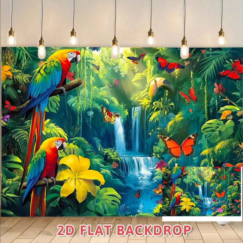 Polyester 2D Flat Jungle Theme Banner Photo Prop Backdrop - Vibrant Birds, Butterflies, Waterfall Design - Backdrops for Photoshoot, Holiday Party Decor, Party Background Decoration, Wedding Wall Decoration