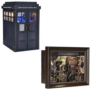 [Mysterious Blue Box + Hunting Werewolves] Book Nook Kit, DIY 3D Wooden Puzzle Bookend Miniature Doullhouse Kit, Picture Frame Booknook