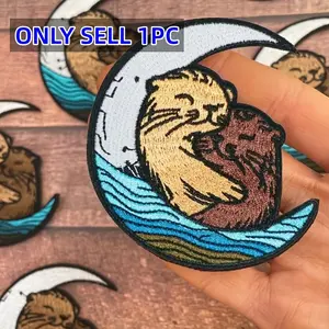 Two Otters Embrace Moon Embroidered Patch, Back Adhesive Iron-On, Suitable for Clothes Jackets Hats Accessories, Polyester Material, China