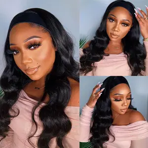 Black Long Body Wave Headband Wig | Glueless Ice Silk Synthetic Wig | Natural Loose Curly Half Wig for Women