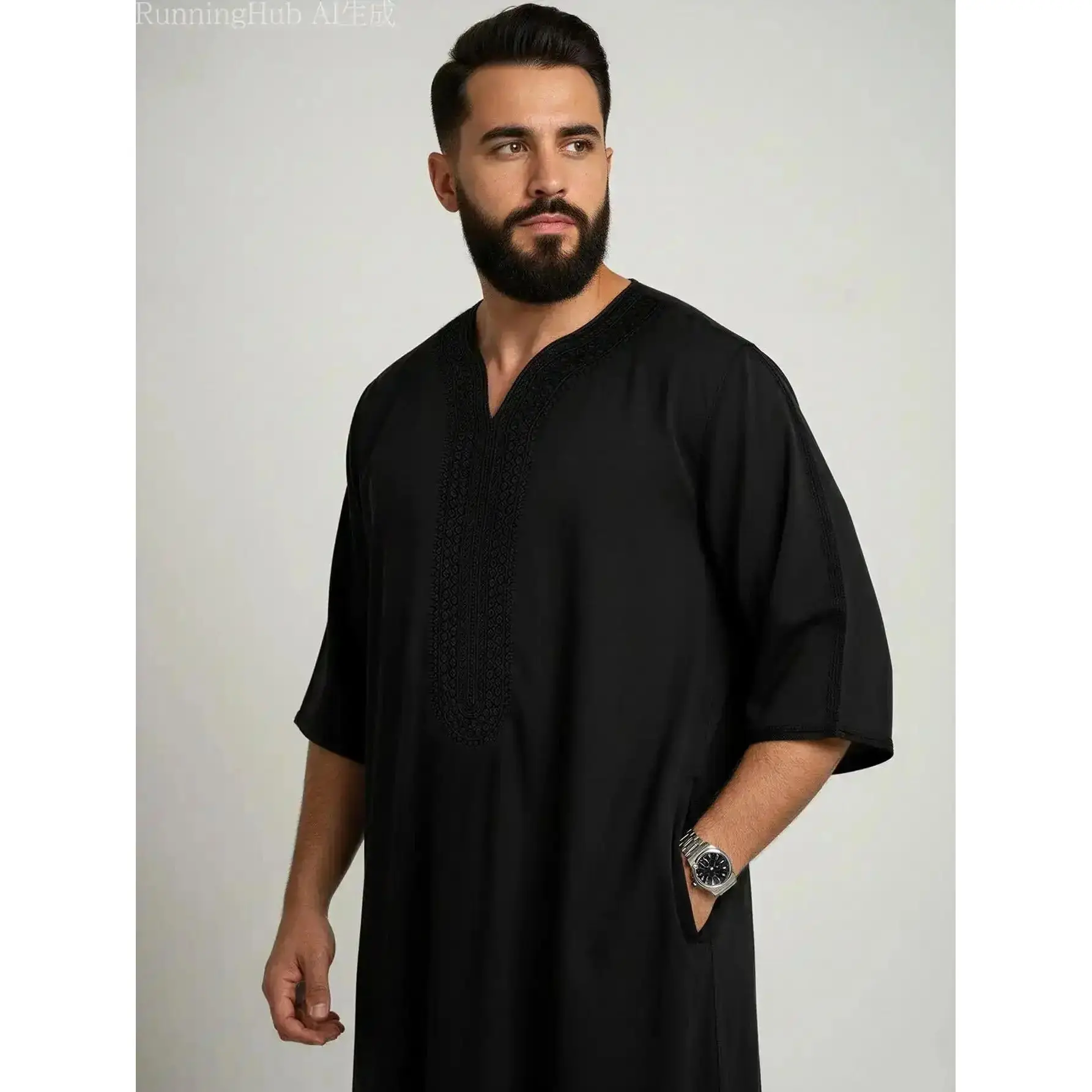 Men's Moroccan Thobe, Casual Embroidery Kaftan with Pocket, Traditional Muslim Robe for Eid &, Rich Black, BasicStaple, TrendyLook, MustHaveBasics, ClosetEssential, SmartCasual, SoftFabric statement piece dressed down