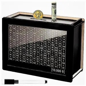 10000 Savings Challenge Box with 8 Targets, Cashbox Kakeibo Money Box Gifts Wrapped, Cash Vault Wooden Savings Box 10,000 Dollar Coin Digital Piggy Bank Money Save Box 10k Smash Money Saver (Black)