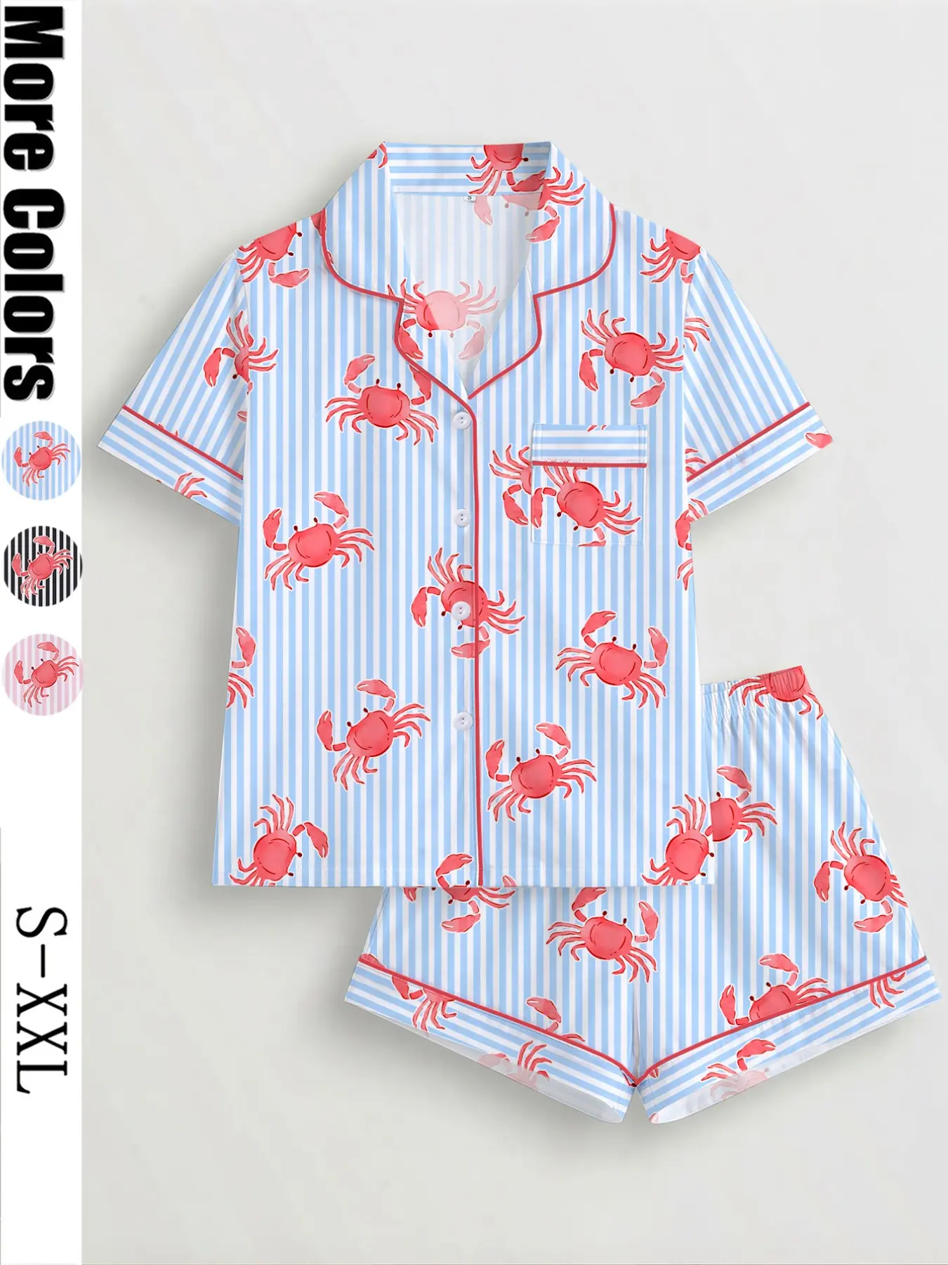 Women's 2-Piece Crab Print Collared Pajama Set, Short-Sleeve Button-Up Top & Elastic Shorts, Casual All-Season Sleepwear, Homewear and Loungewear Set for Home and Party, Pyjamas