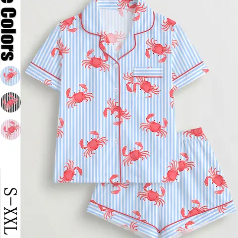 Women's 2-Piece Crab Print Collared Pajama Set, Short-Sleeve Button-Up Top & Elastic Shorts, Casual All-Season Sleepwear, Homewear and Loungewear Set for Home and Party, Pyjamas, Sets Pajama