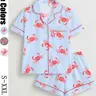 Women's 2-Piece Crab Print Collared Pajama Set, Short-Sleeve Button-Up Top & Elastic Shorts, Casual All-Season Sleepwear, Homewear and Loungewear Set for Home and Party, Pyjamas, Sets Pajama